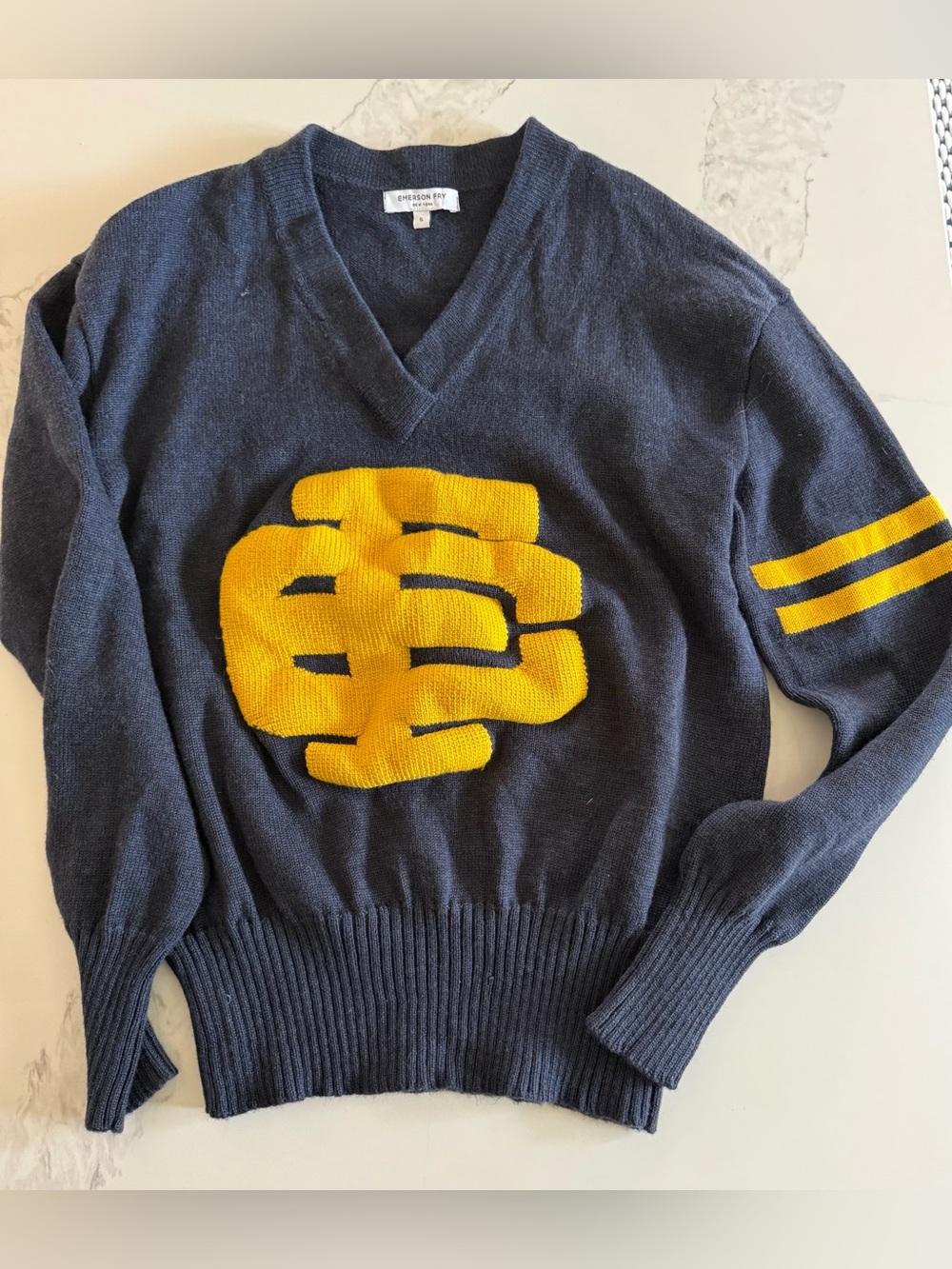 Emerson Fry Navy V-Neck Sweater with Yellow Chest Motif